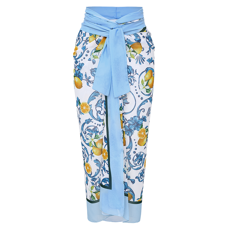 Plus Size Lemon Print Tie-shoulder One Piece Swimsuit and Sarong or Skirt Flaxmaker