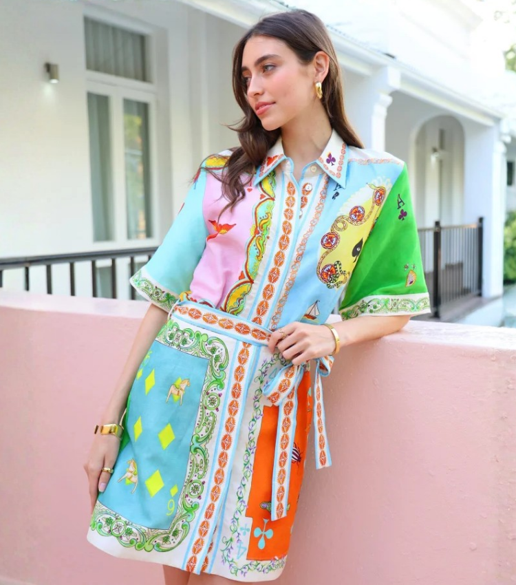 Short Sleeve Color Block Printed Mini Dress