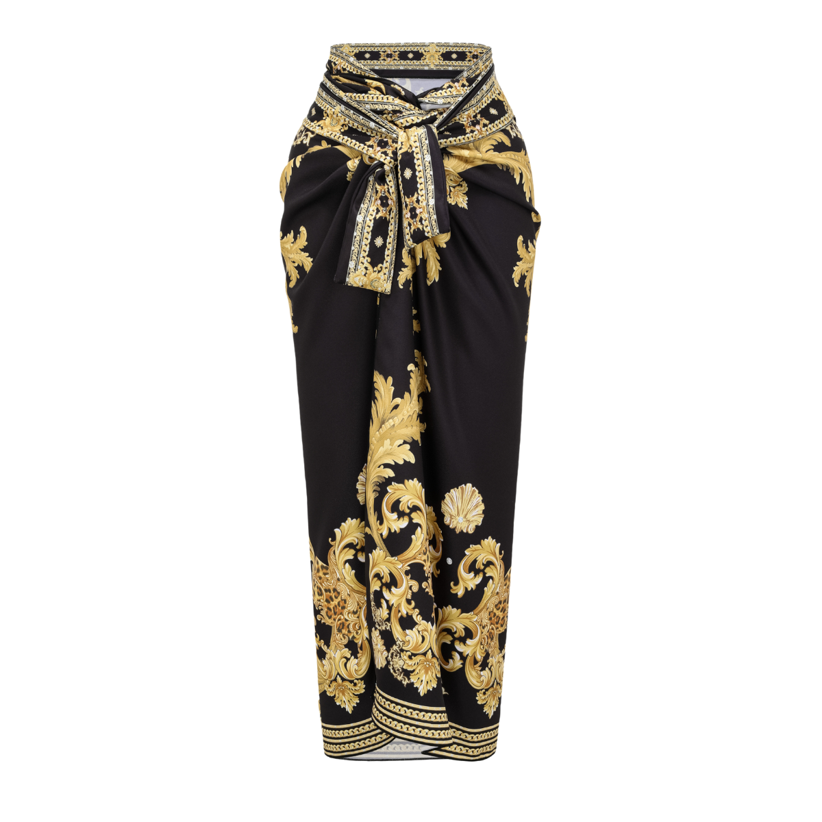 Vintage Black Gold Baroque Print Metal chain small V-neck One Piece Swimsuit and Skirt