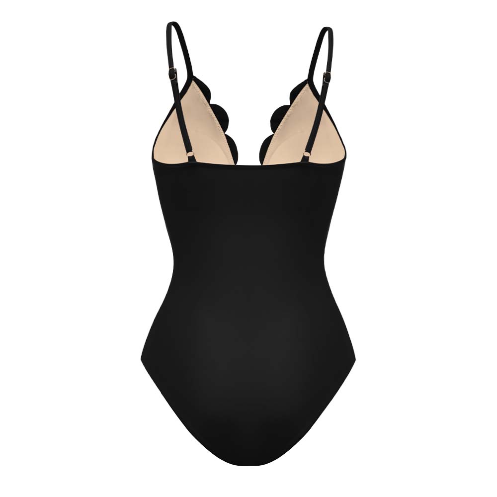 Plus Size Black Laser Cutting Flower Hollow One Piece Swimsuit and Skirt