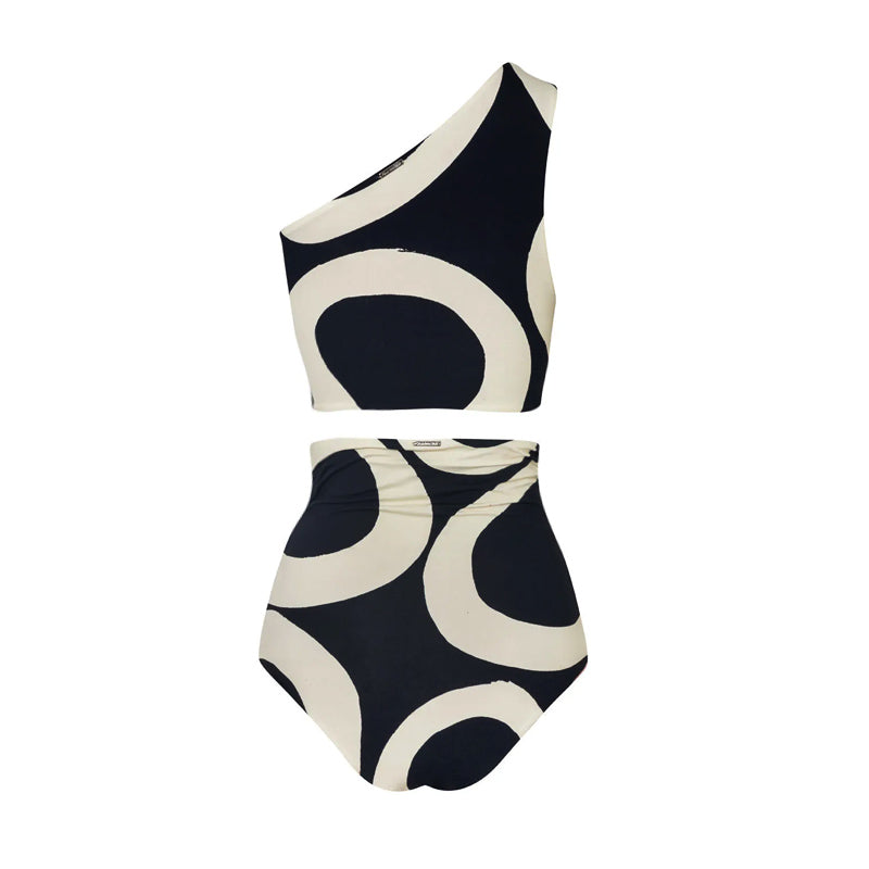 Plus Size One Shoulder High Waist Printed Bikini Swimsuit and Sarong Flaxmaker