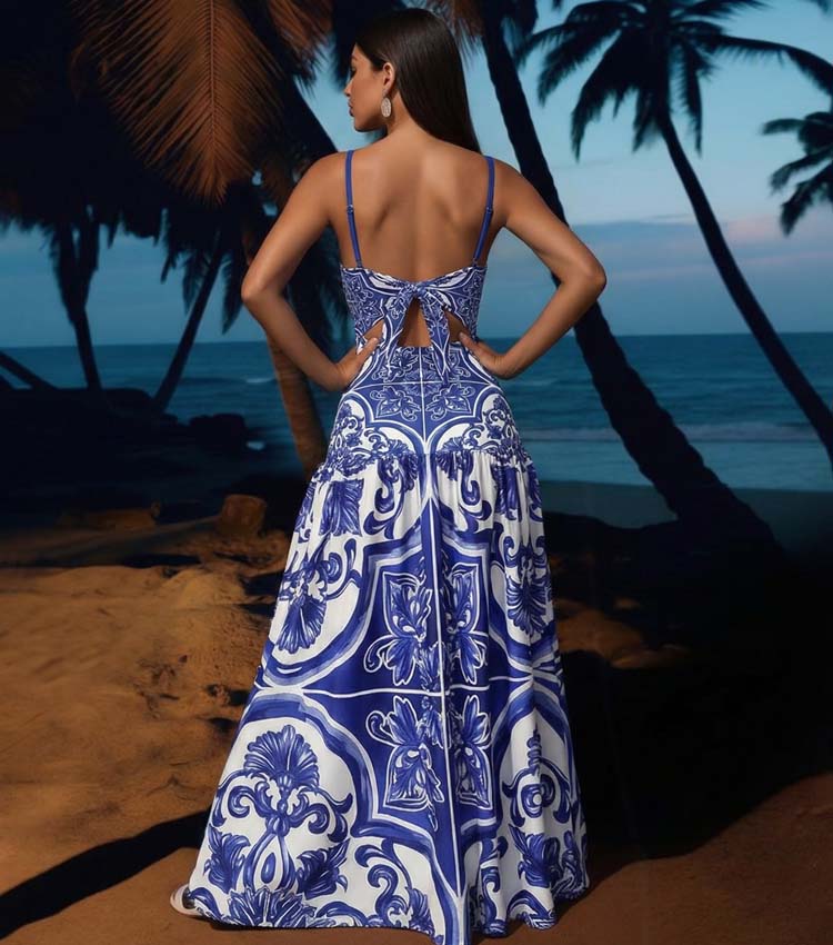 Plus Size Sling Classic Majolica Series Pattern Print One Piece Swimsuit and Skirt or Shorts