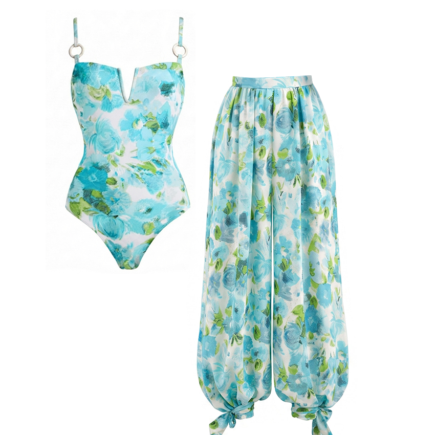 Adjustable Strap Abstract Blue Floral Swimsuit Set(s)
