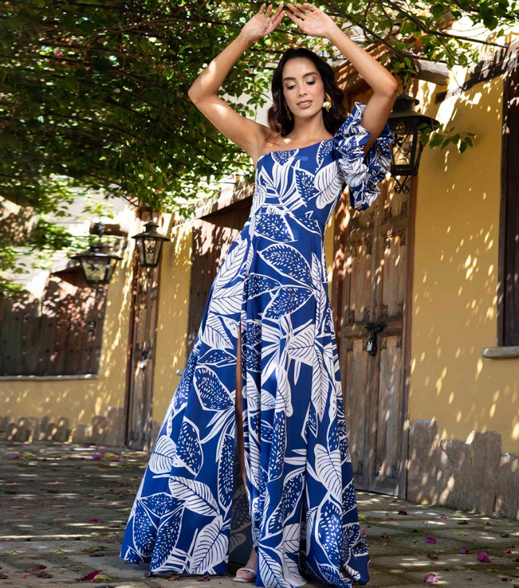 One Shoulder Leaf Printed One Piece Swimsuit and Skirt