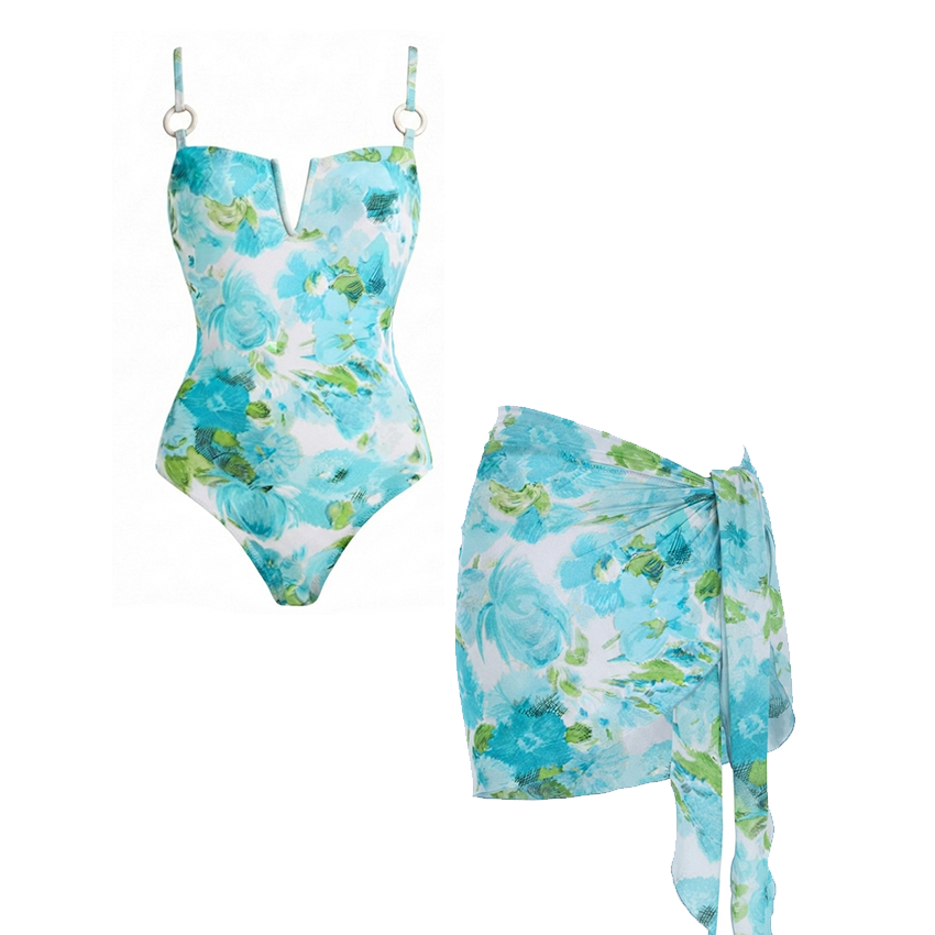 Adjustable Strap Abstract Blue Floral Swimsuit Set(s)