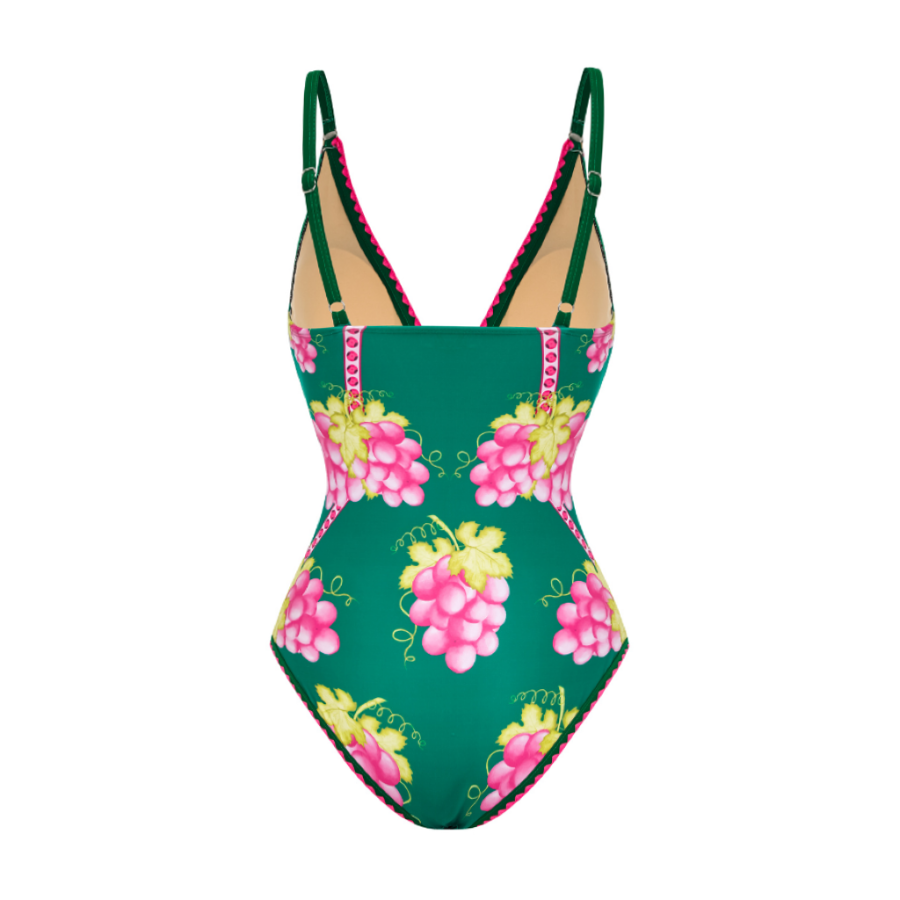 Plus Size Deep V Retro Green Grapes Print One Piece Swimsuit and Skirt