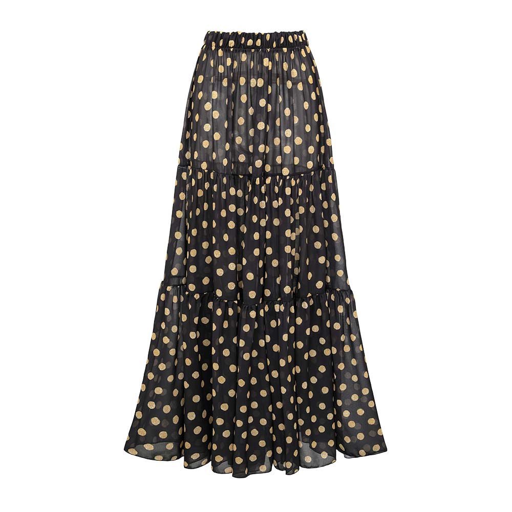 Plus Size Black and Gold Polka Dots V-neck One Piece Swimsuit and Skirt