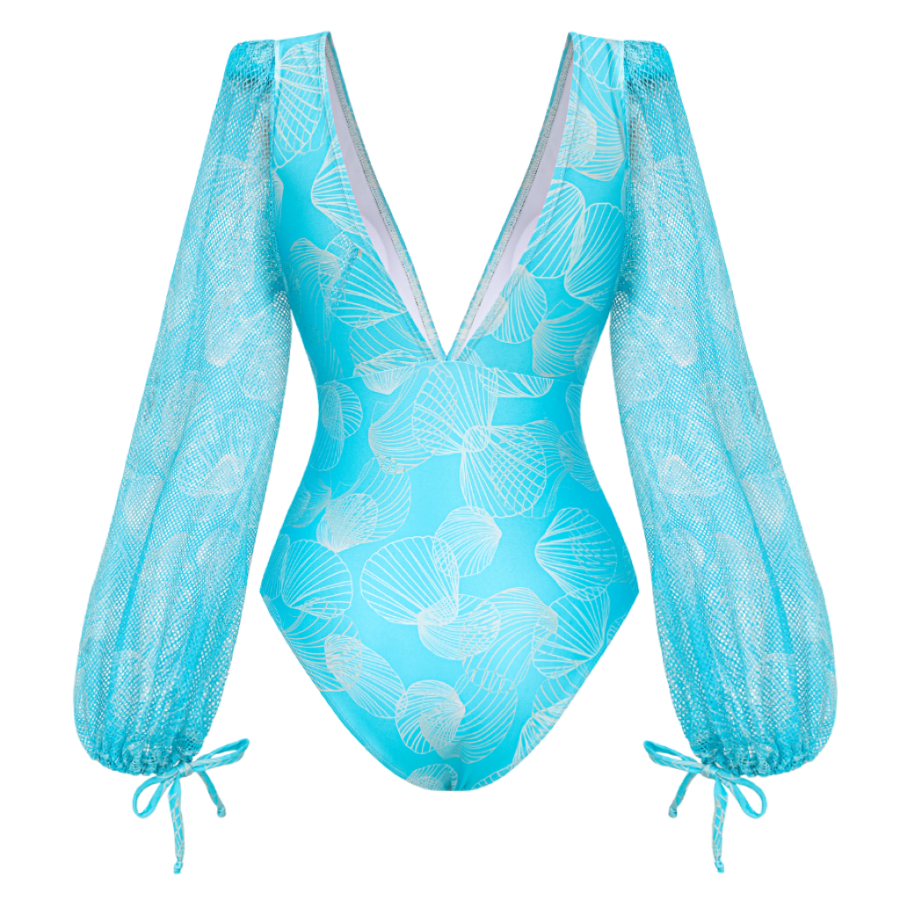 Plus Size Mesh Splicing Long-sleeved Shell Print One Piece Swimsuit and Skirt