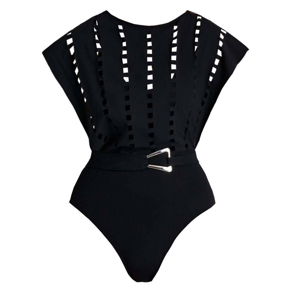 Plus Size Black Hollow Design One Piece Swimsuit and Skirt