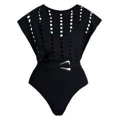 Plus Size Black Hollow Design One Piece Swimsuit and Skirt