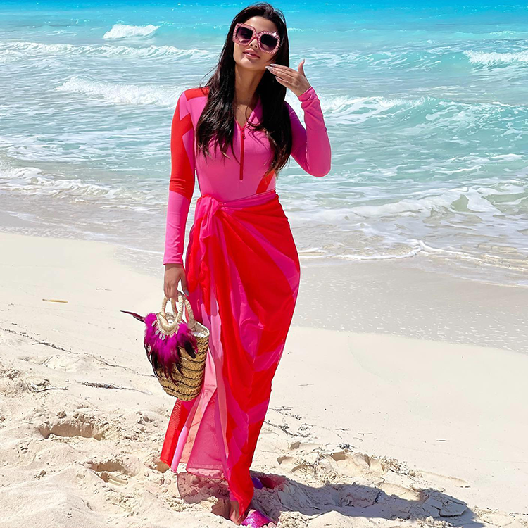 Plus Size Rash Guard Long Sleeve Zip Front Pink One Piece Surf Swimsuit and Sarong Flaxmaker