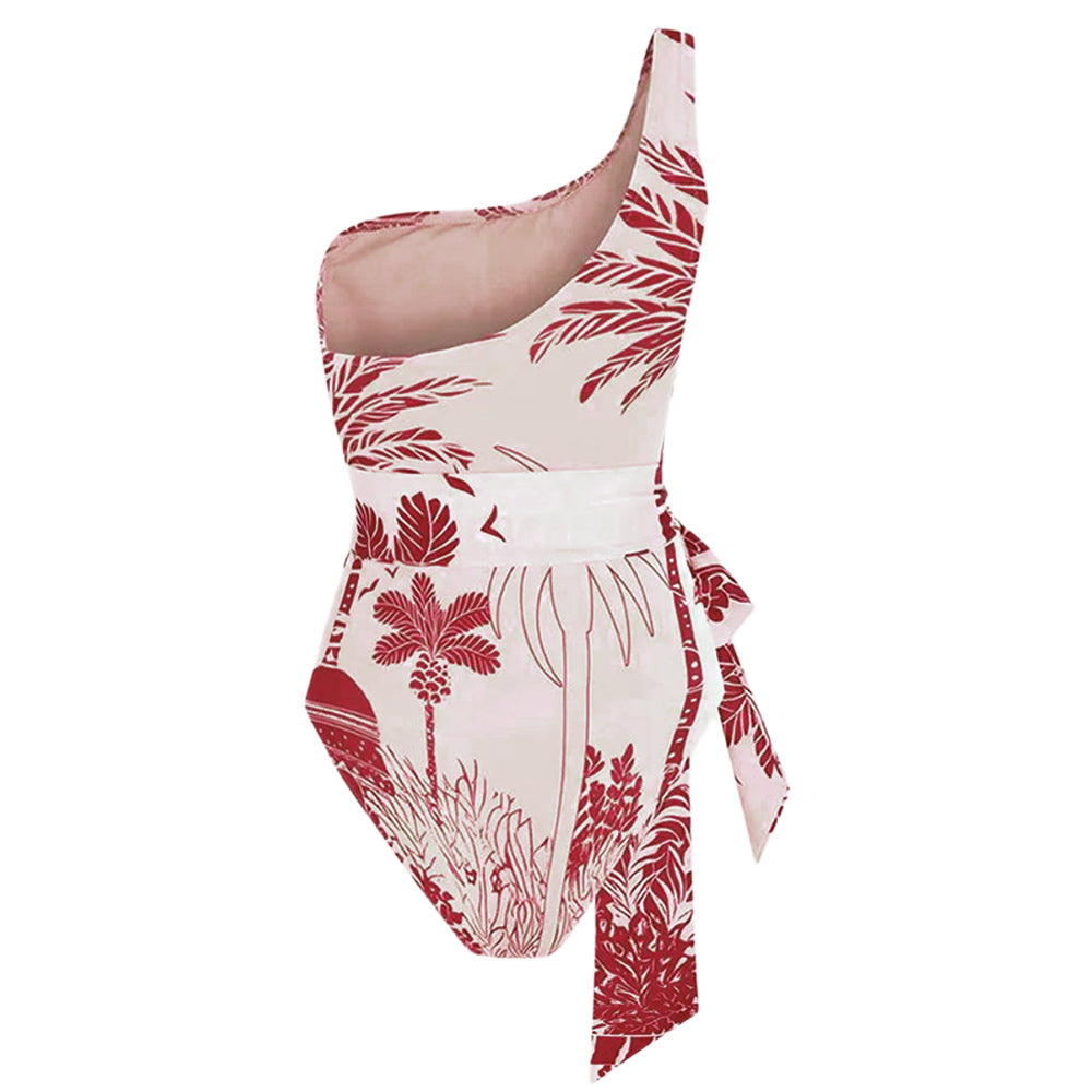 Plus Size One Shoulder Coconut Palm Print One Piece Swimsuit and Sarong