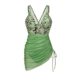 Plus Size V Neck Leaves Print Tummy Control Slimming Mesh Sheer Sarong Wraps Bathing Suit Swim Dress