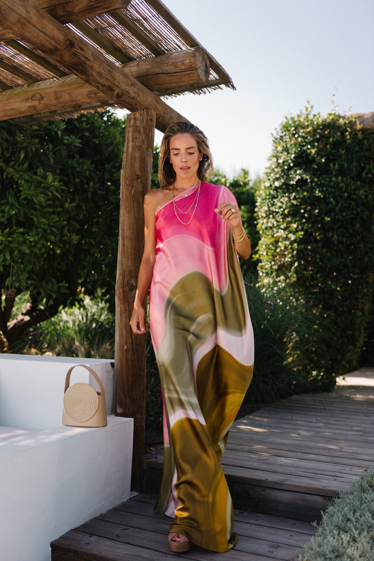 Oblique Shoulder Ombre Print Dress