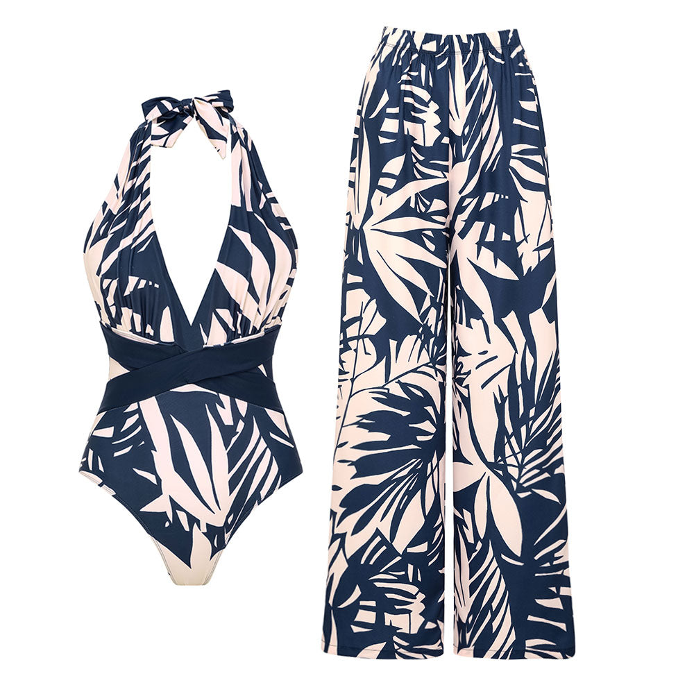 Plus Size V Neck Leaves Print One Piece Swimsuit and Pants/Skirt