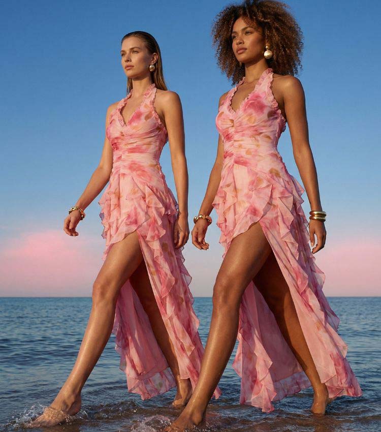 Plus Size Pink Flower-dyed Halter Neck One Piece Swimsuit and Skirt