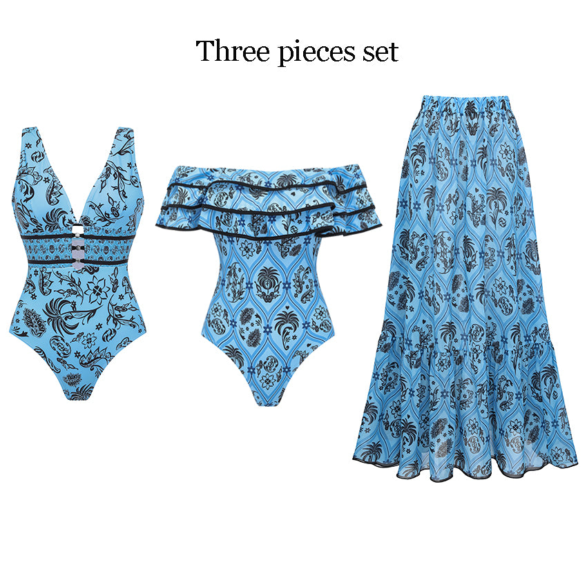 V Neck Blue Printed Waist Cut Out Swimsuit Set(s)