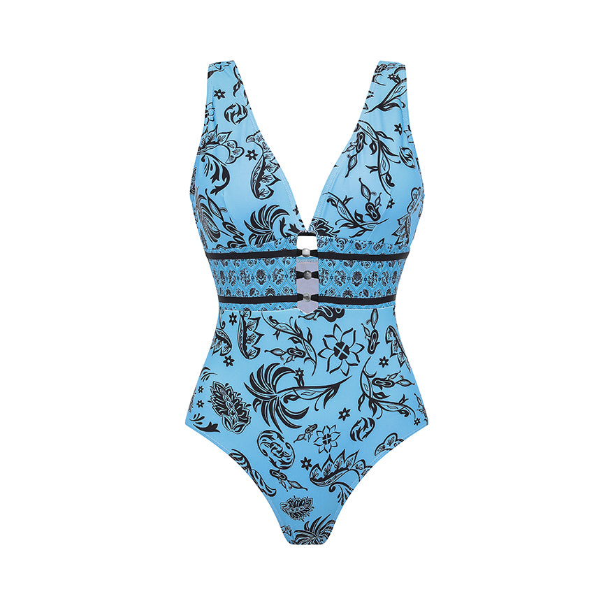 V Neck Blue Printed Waist Cut Out Swimsuit Set(s)