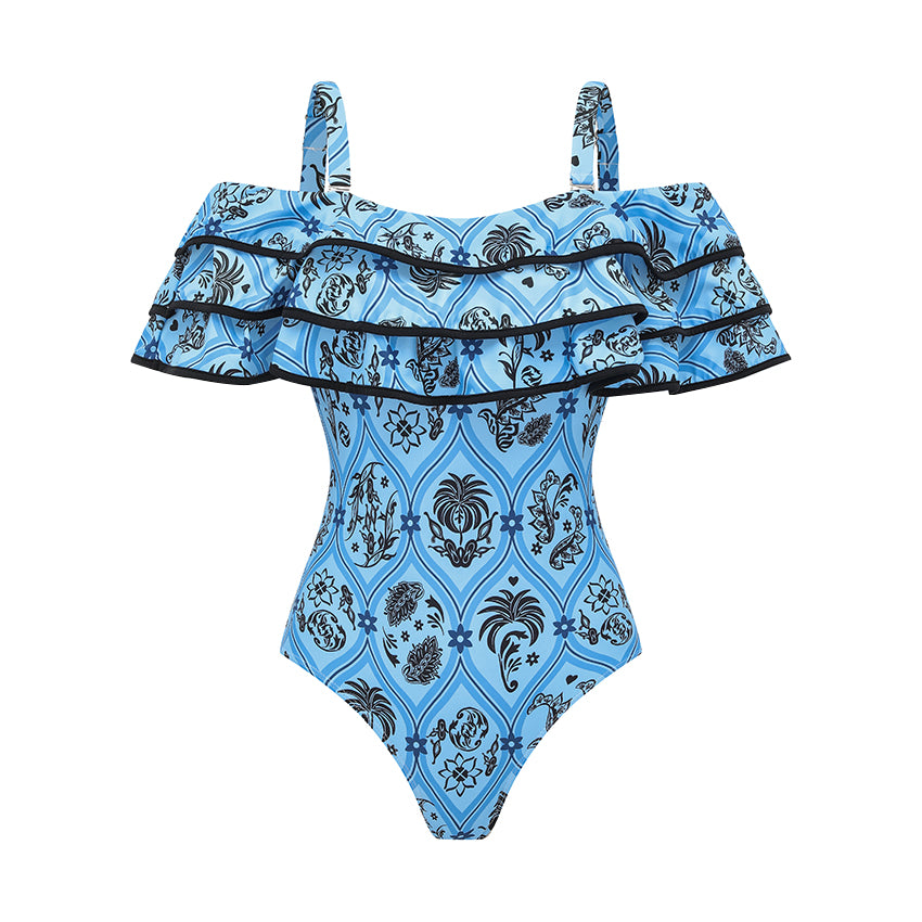 Off Shoulder Three-tiered Ruffles Printed Swimsuit Set(s)