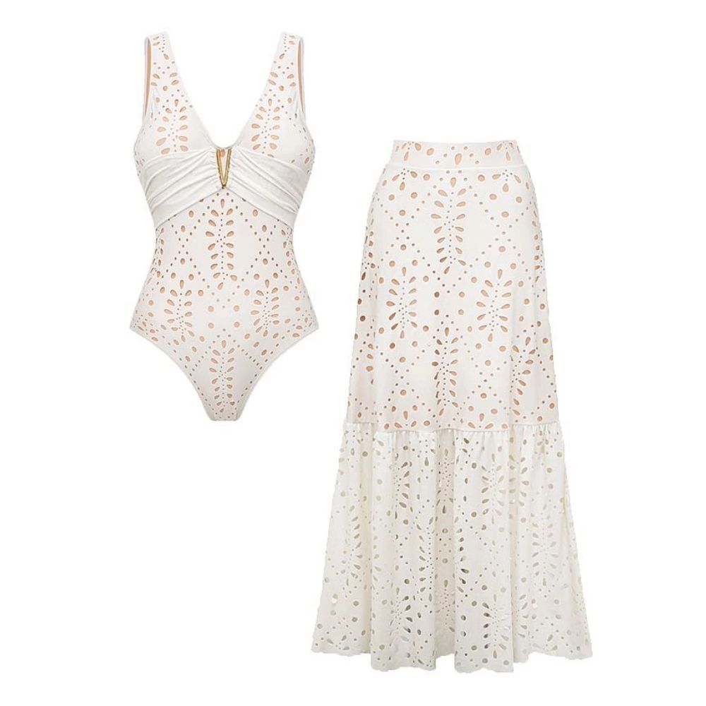 Plus Size V Neck Solid Color Laser Cutting Flower One Piece Swimsuit and Skirt