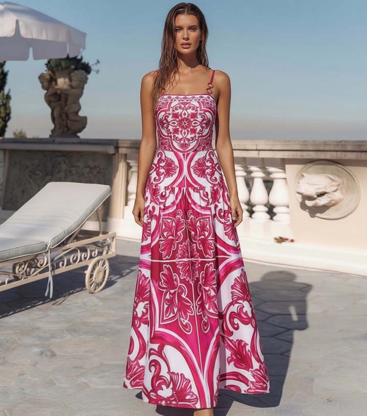 Plus Size Sling Classic Majolica Series Pattern Print One Piece Swimsuit and Skirt or Shorts