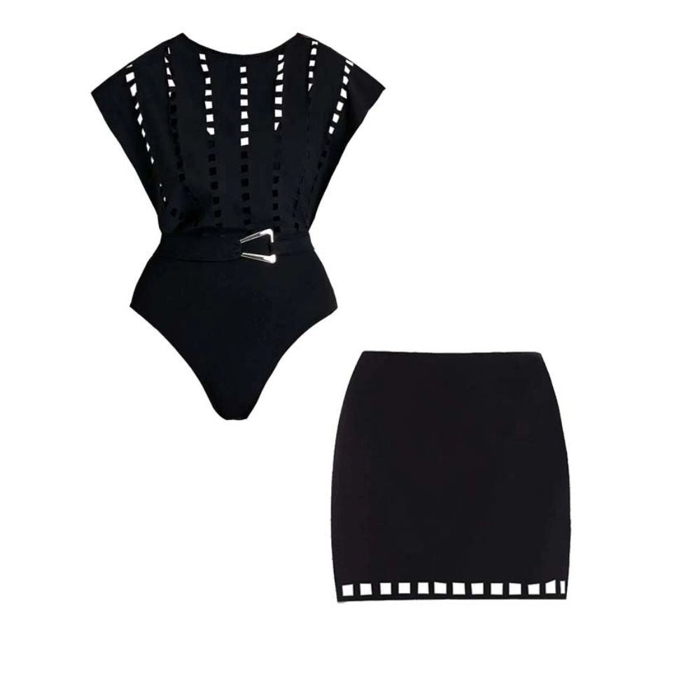 Plus Size Black Hollow Design One Piece Swimsuit and Skirt