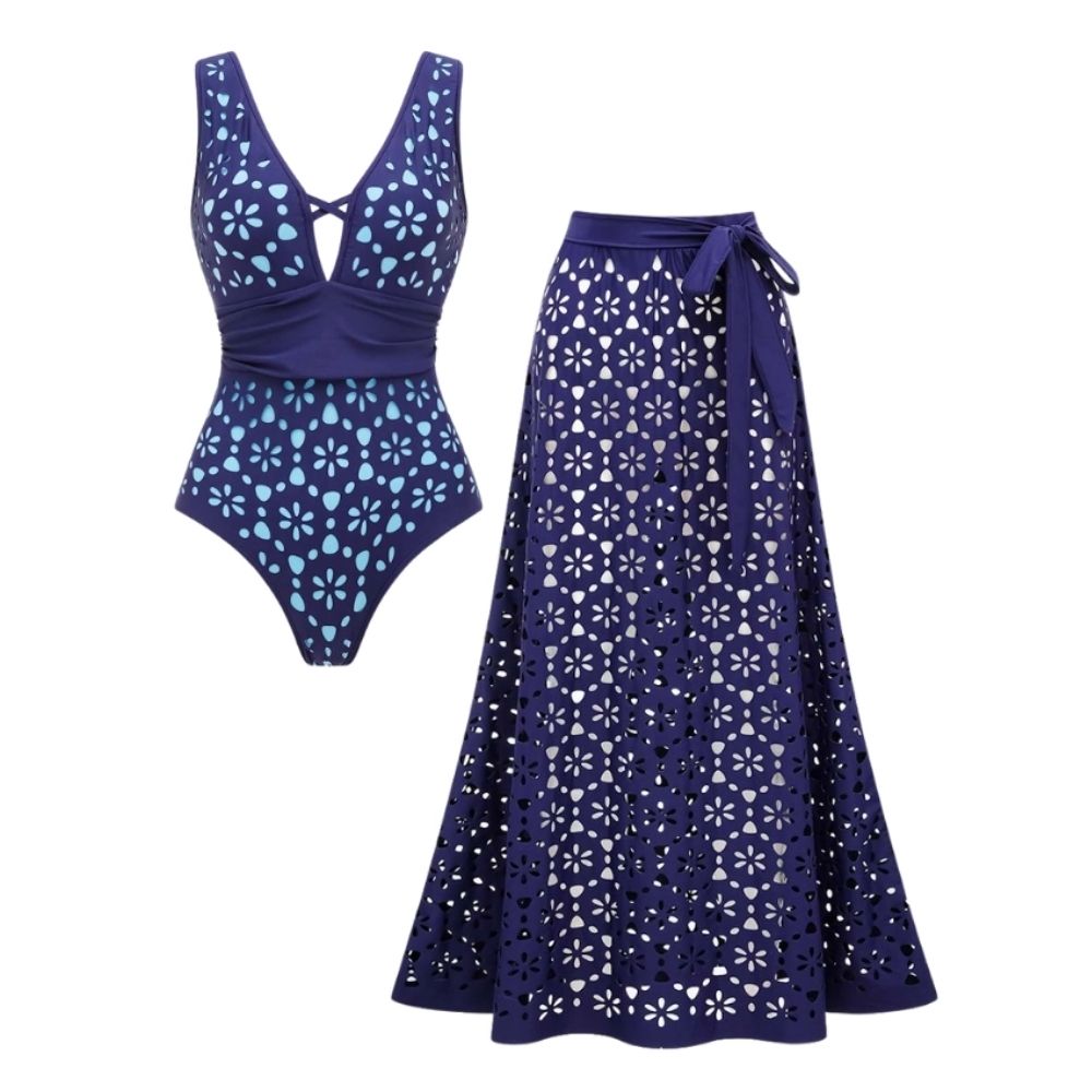 Plus Size Laser Hollow Out One Piece Swimsuit and Skirt
