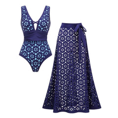 Laser Hollow Out One Piece Swimsuit and Skirt