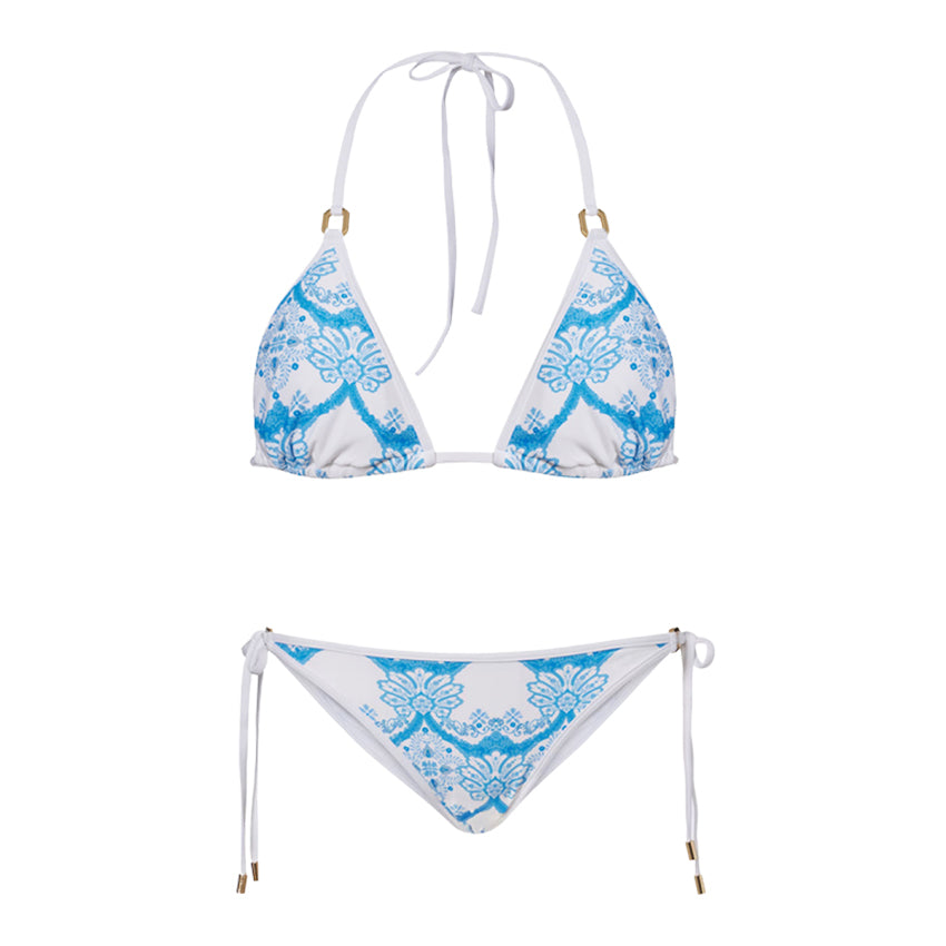 Halter Neck Light Blue Printed Sexy Bikini Swimsuit Set(s)