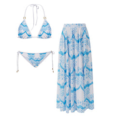 Halter Neck Light Blue Printed Sexy Bikini Swimsuit Set(s)