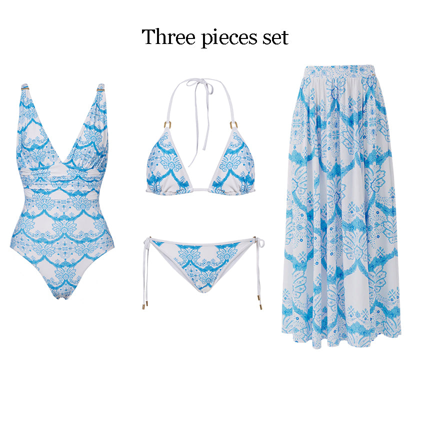 Halter Neck Light Blue Printed Sexy Bikini Swimsuit Set(s)