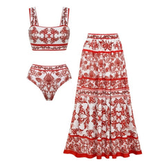 Plus Size Red Flower Totem Pattern Print Bikini and Skirt