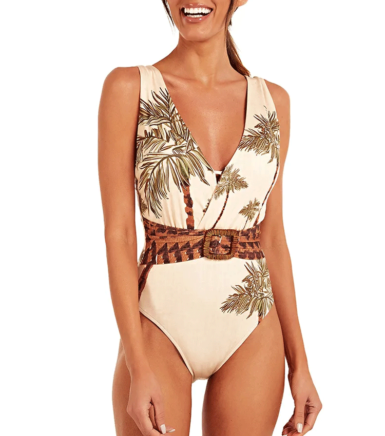 V Neck Coconut Tree Print Swimsuit Set(s)