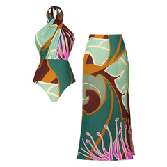 Plus Size Halter Printed One Piece Swimsuit and Skirt Flaxmaker