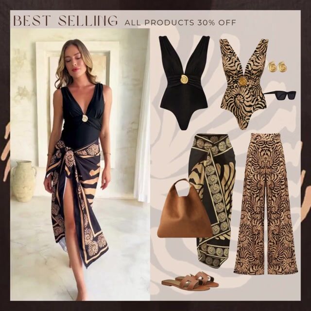 Black V-Neck Conch Decoration One Piece Swimsuit and Sarong