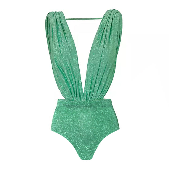 Glitter Texture Pleated Design One Piece Swimsuit and Skirt Flaxmaker