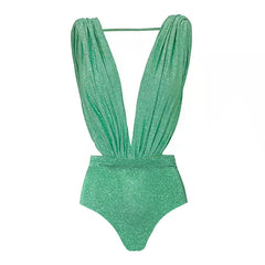 Glitter Texture Pleated Design One Piece Swimsuit and Skirt Flaxmaker