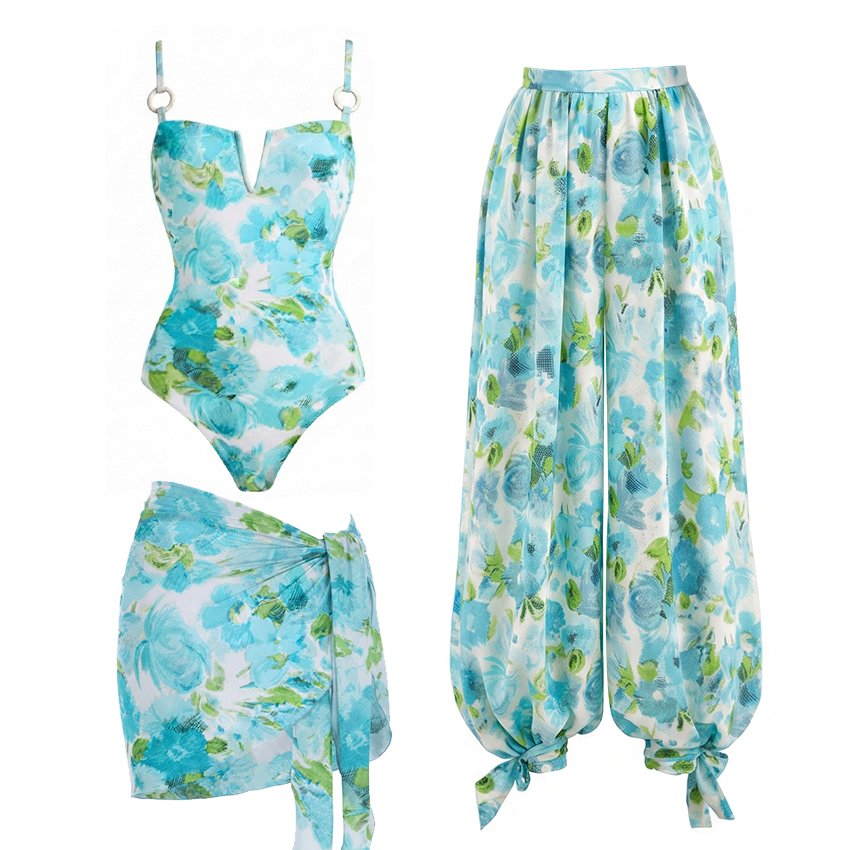 Adjustable Strap Abstract Blue Floral Swimsuit Set(s)
