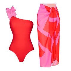 Plus Size One Shoulder Color Block One Piece Swimsuit and Sarong