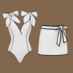 Plus Size Black and White Bowknot Shoulder One Piece Swimsuit and Skirt