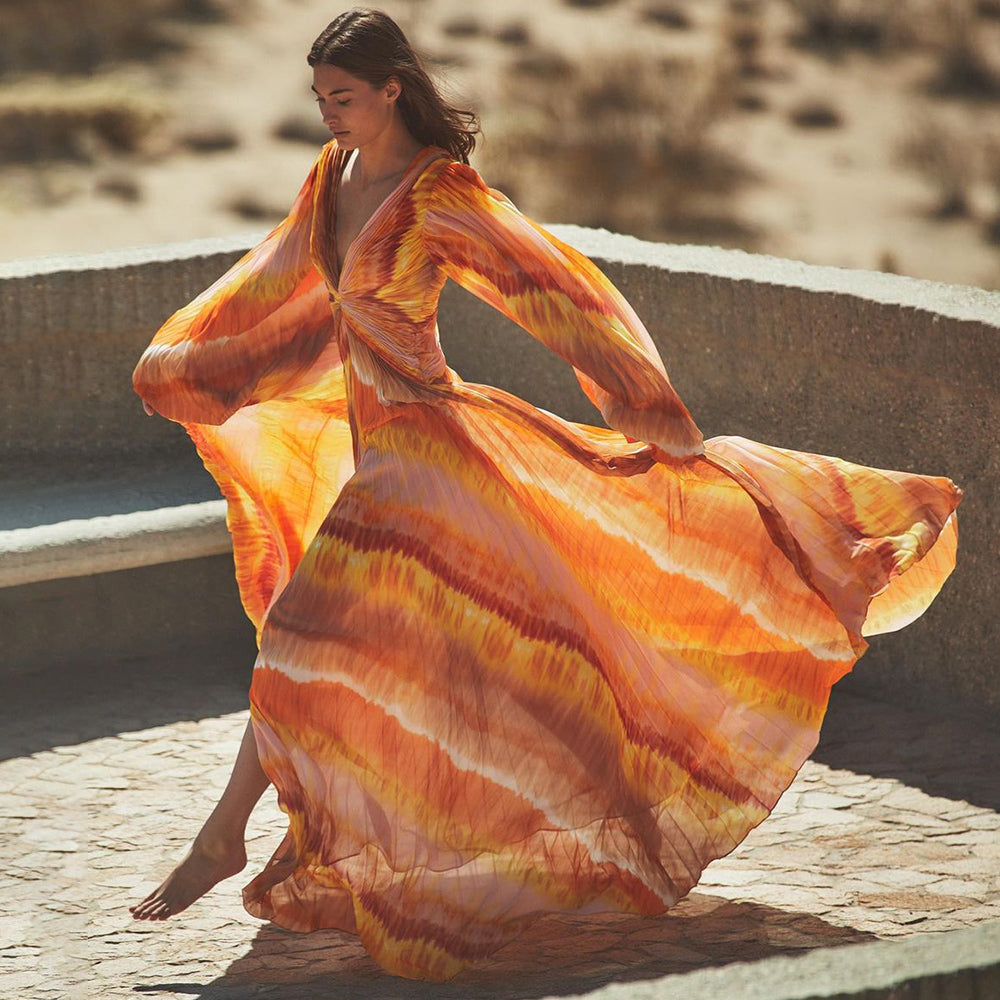 Plus Size V Neck Chiffon Long Sleeve Orange One Piece Swimsuit and Skirt Flaxmaker