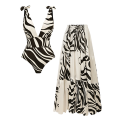 Plus Size V Neck Printed One Piece Swimsuit and Skirt Flaxmaker