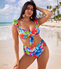 Plus Size Floral Printed Bikini Swimsuit and Skirt