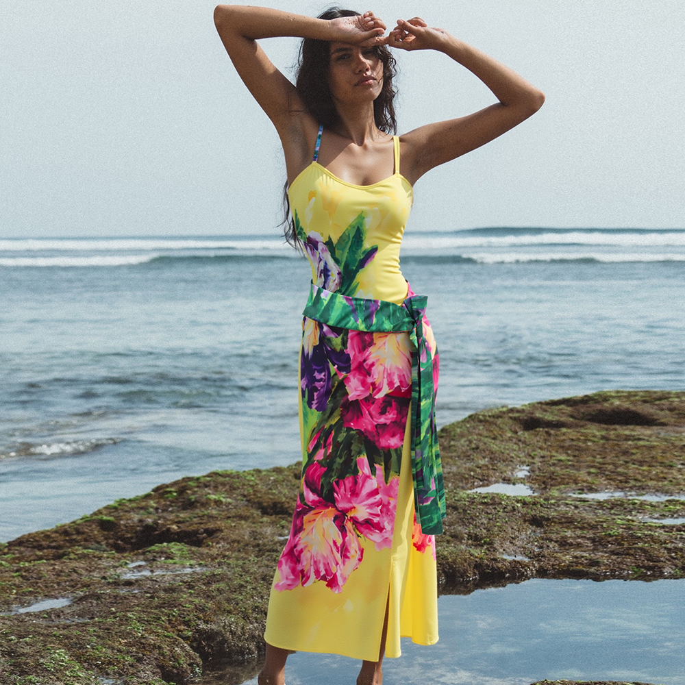 Yellow Oil Painting Flower Print Swimsuit and Sarong
