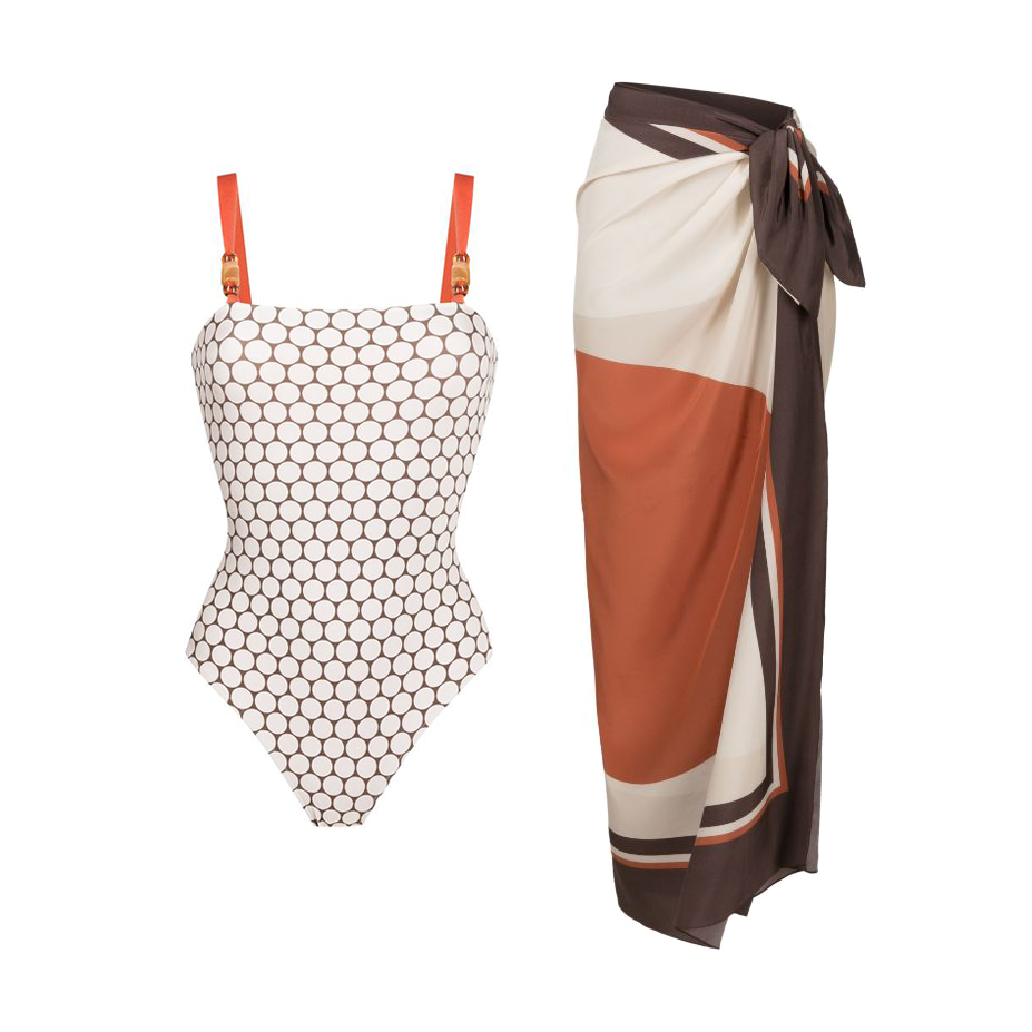Plus Size Reversible Graphic Printed Beaded One Piece Swimsuit and Sarong Flaxmaker