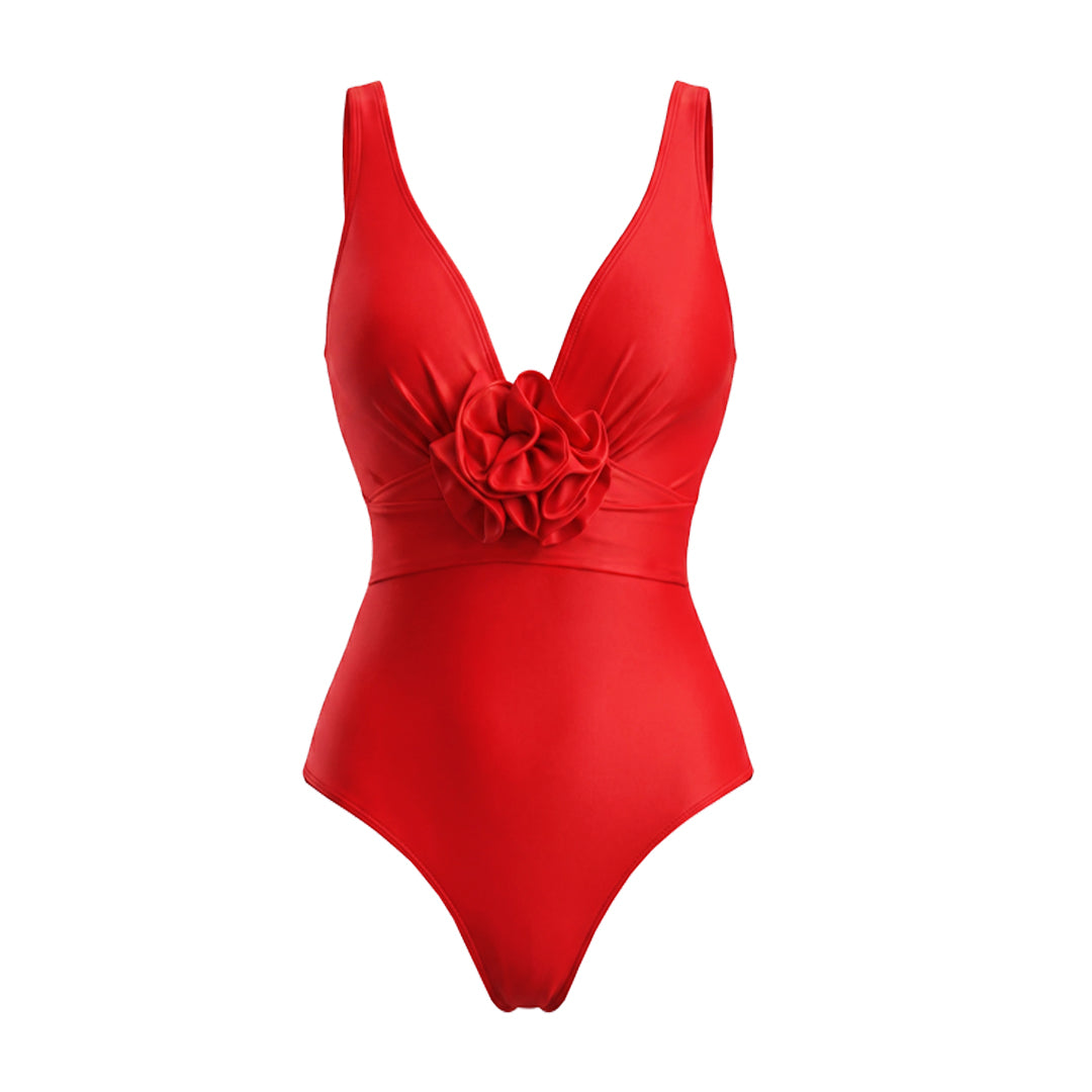 Plus Size Detachable 3D Flower Red One Piece Swimsuit and Skirt Flaxmaker