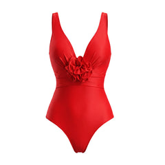 Plus Size Detachable 3D Flower Red One Piece Swimsuit and Skirt Flaxmaker
