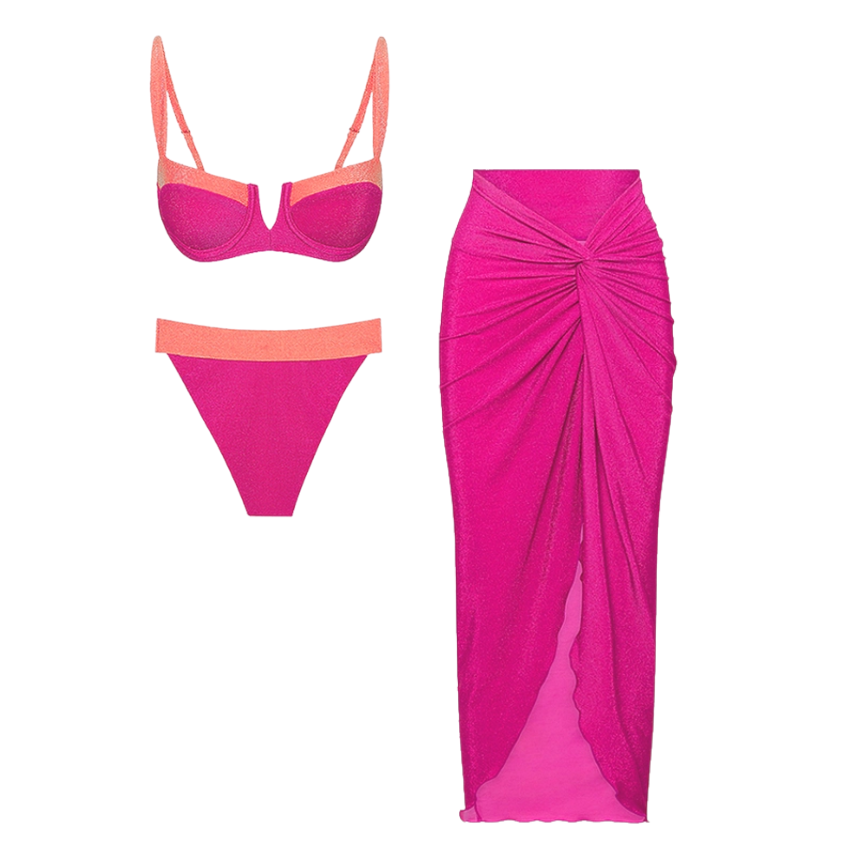 Plus Size Strappy Color Block Bikini Swimsuit and Sarong Flaxmaker