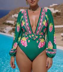 Plus Size Long-sleeved Retro Green Grapes Print One Piece Swimsuit and Skirt