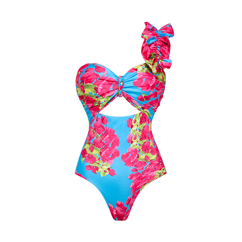 Plus Size Ruffle Removable Shoulder Strap Pink Bougainvillea Flower Swimsuit and Skirt